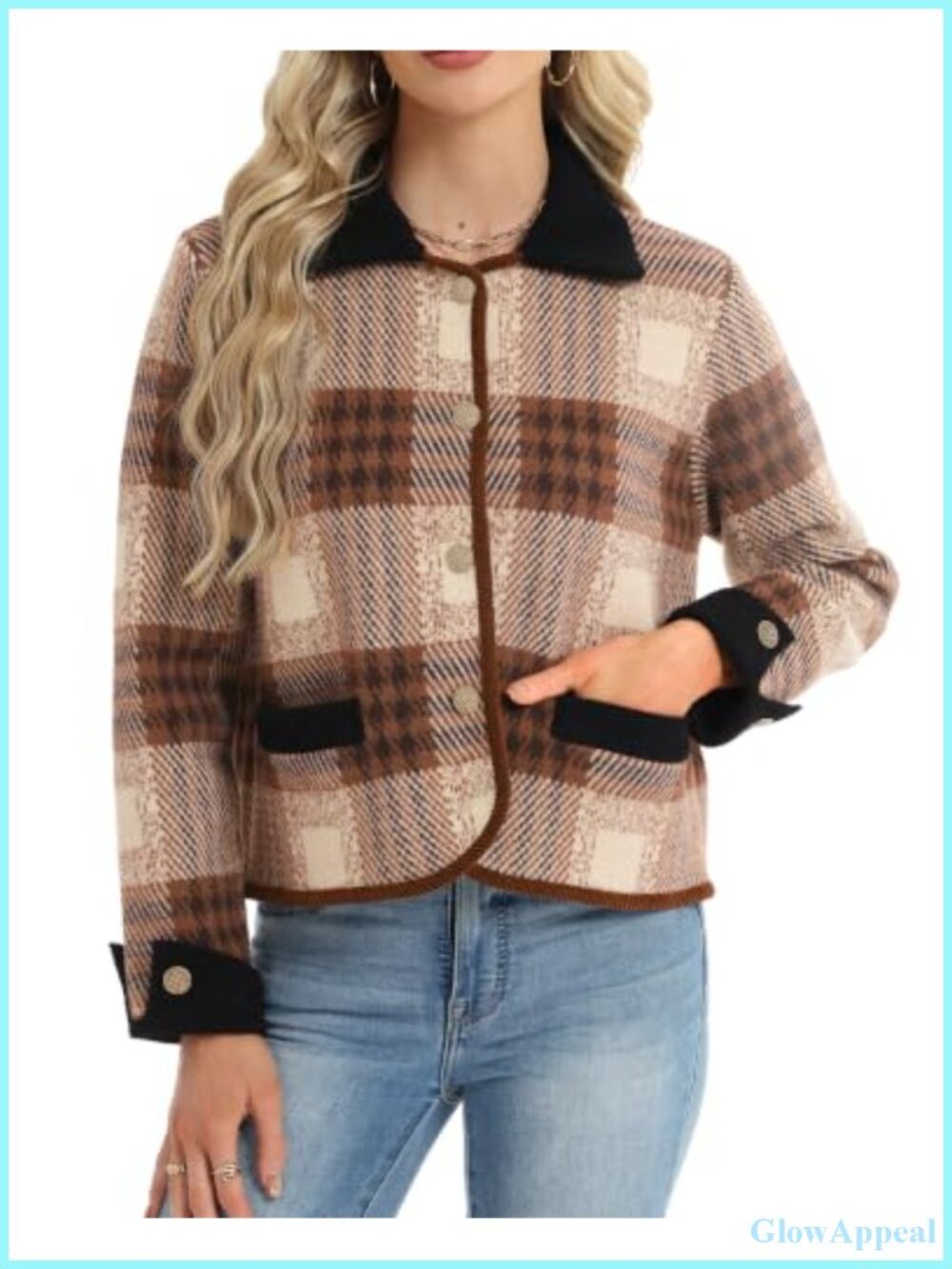Vintage Plaid Long Sleeve Cardigan Sweater Coat with Pockets Women Knit Button - Picture 3 of 6